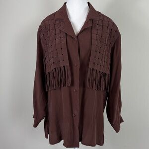 Vintage Rhoda Lynne 100% Silk Woven Fringe Brown Button Down Blouse Size Medium
